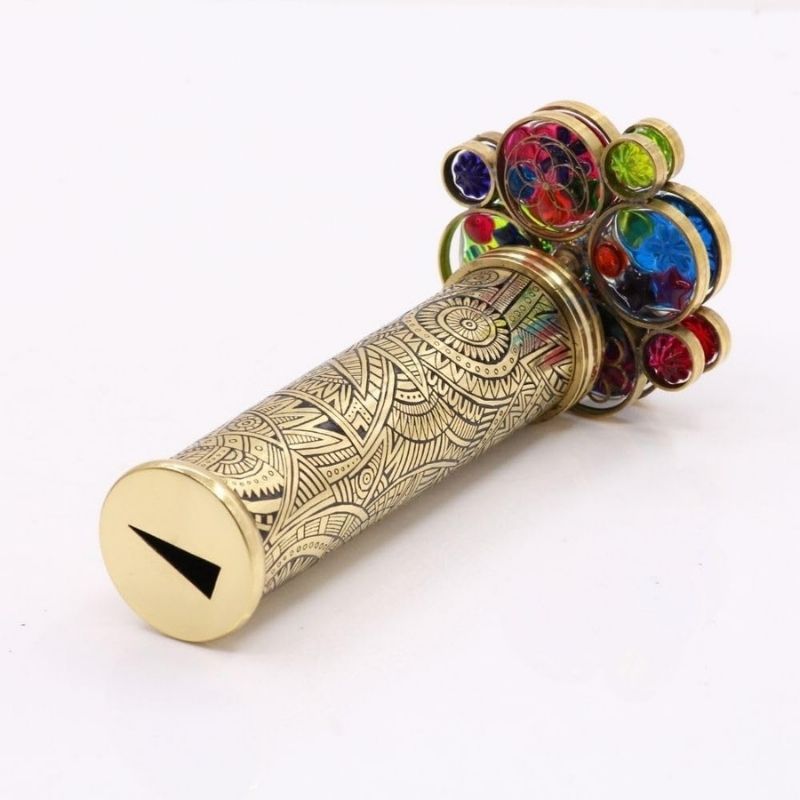 Handmade Tribal Brass Kaleidoscope with Etched Design, 2 Resin Bead Wheels, Lacquer Finish, Wood Stand & Gift Box – A Unique Collectible Gift for Adults (Two Mirror System)
