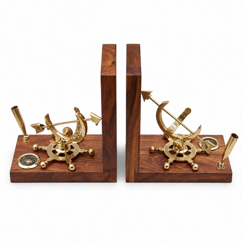 Handmade Wooden Brass Sundial Compass Bookends Set with Pen Holders | Nautical Maritime Office & Library Decor