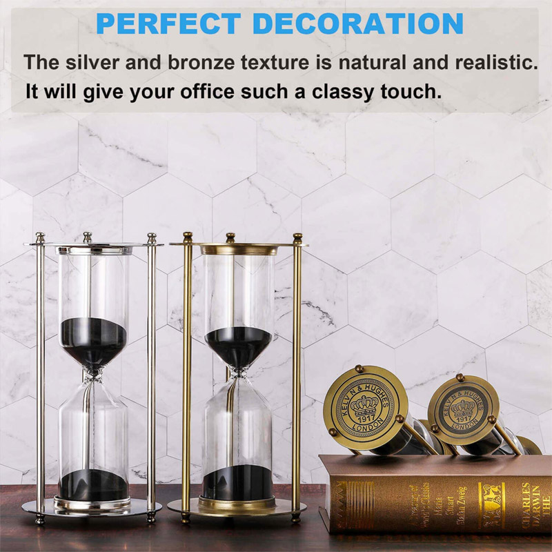 Hourglass 60 Minute Sand Timer, Vintage Brass Black Sand Clock Stand, Large Metal Sand Watch 60 Min, Unique Antique 1 Hour Glass Sandglass for Home, Office, Desk Decor