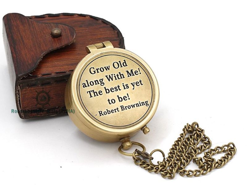 Grow Old Along With Me Engraved Brass Compass with Leather Case | Robert Browning Quote | Romantic Anniversary Gift, Husband Wife Gift, Wedding Gift, Vintage Nautical Compass,