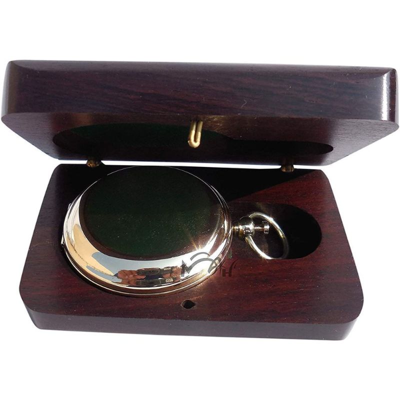 Handmade Push Button Direction Pocket Brass Compass with Wooden Box for Birthday Gift, Baptism Gift, Best Man Gift