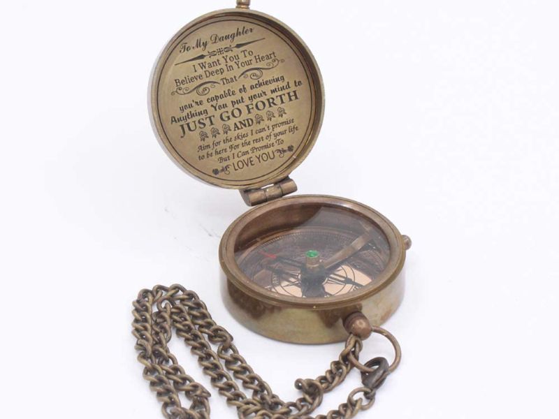 To My Daughter Brass Compass – Engraved Inspirational Quote “Just Go Forth” – Handcrafted Vintage Compass with Leather Case – Graduation, Birthday, Christmas, Keepsake Gift from Dad or Mom