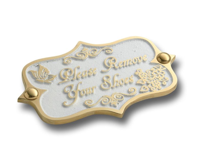 Please Remove Your Shoes Brass Door Sign – Vintage Shabby Chic Wall Plaque – Handmade Solid Brass Home Décor by The Metal Foundry