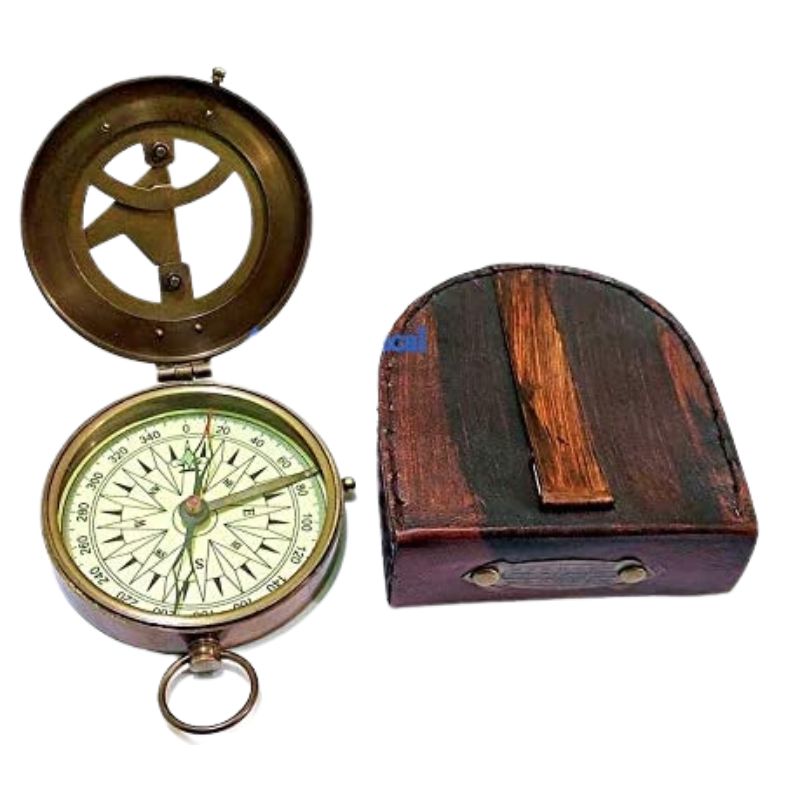 Nautical Vintage Brass Magnetic Compass with Handmade Leather Case