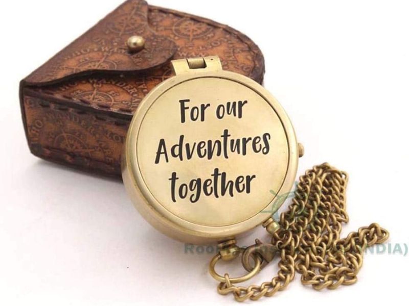 For Our Adventures Together Compass with Leather Case – Engraved Brass Nautical Compass for Couples, Wedding Anniversary, or Valentine’s Gift – Adventure Keepsake for Him & Her, Vintage Pocket Compass