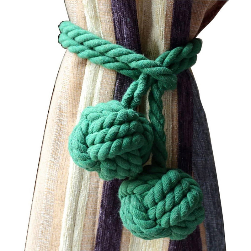 2pcs Braided Drapery Tiebacks Curtain Holdbacks Hand Knitting with Double Ball Cotton Rope Tassel - Green