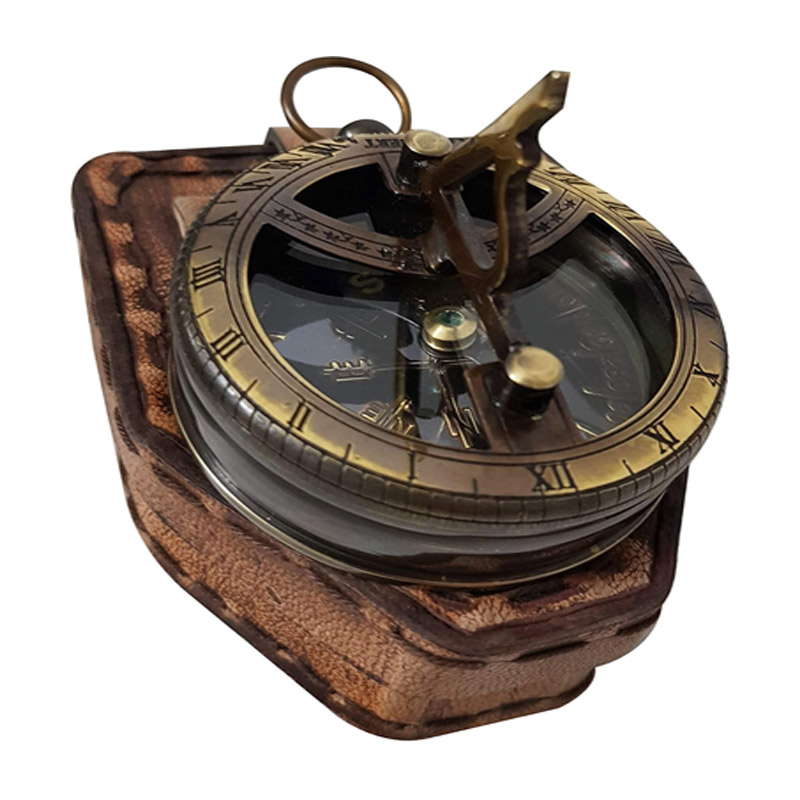Brass Marine Sundial Compass with Handmade Brown Leather 2.5 Inches