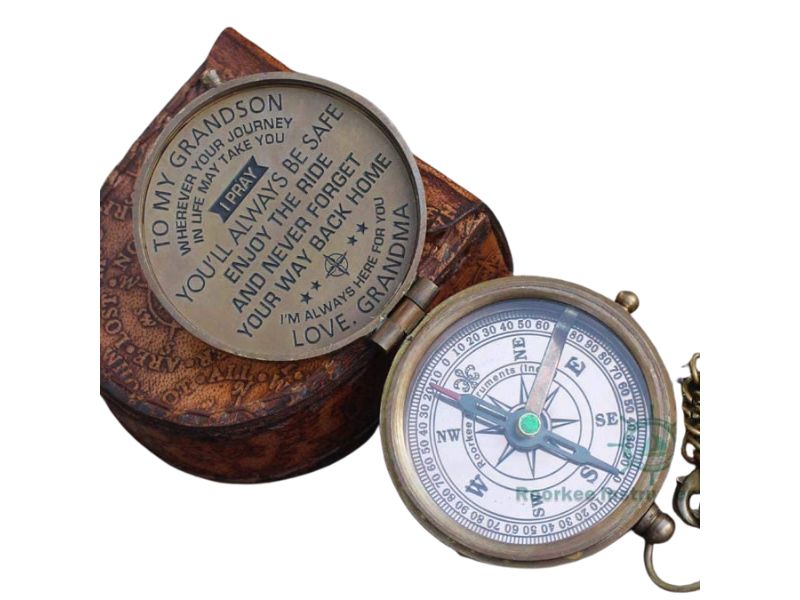 To My Grandson Compass from Grandma – Solid Brass Engraved Compass with Leather Case, Inspirational Quote “Always Find Your Way Back Home” – Graduation, Birthday, Christmas Gift