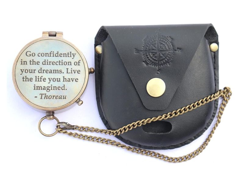 Solid Brass Compass Engraved with Thoreau’s “Go Confidently” Quote | Working Directional Camping Compass with Stamped Leather Case | Adventure, Graduation, Christmas & Anniversary Gift for Him