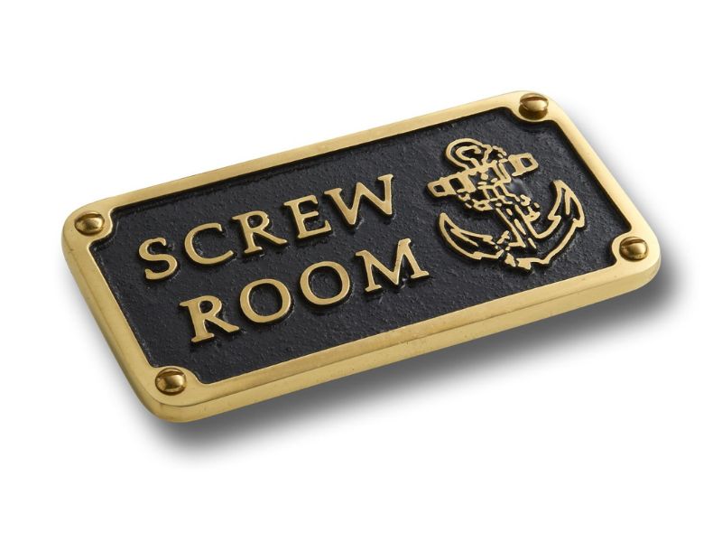 Screw Room Brass Door Sign Plaque | Vintage Nautical Wall Plate with Anchor Design | Solid Cast Brass & Black Enamel Finish | Boat Cabin Door Decor | Maritime Gift for Sailors