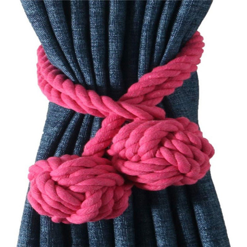  2pcs Drapery Holdbacks Hand Knitting Braided Curtain Tiebacks with Double Ball Cotton Rope Tassel- Rose Red