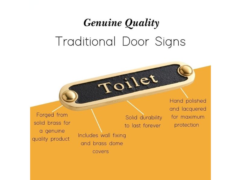 Toilet Brass Bathroom Door Sign – Traditional Style Solid Brass Plaque | Handmade Vintage Home Décor Wall Sign | Polished Gold & Black Finish | Classic Toilet Door Plate with Mounting Screws
