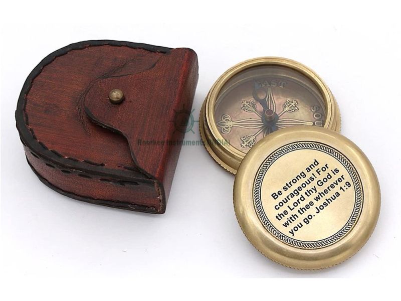 “Be Strong and Courageous” Engraved Brass Compass with Leather Case – Christian Gift of Faith & Guidance (Joshua 1:9)