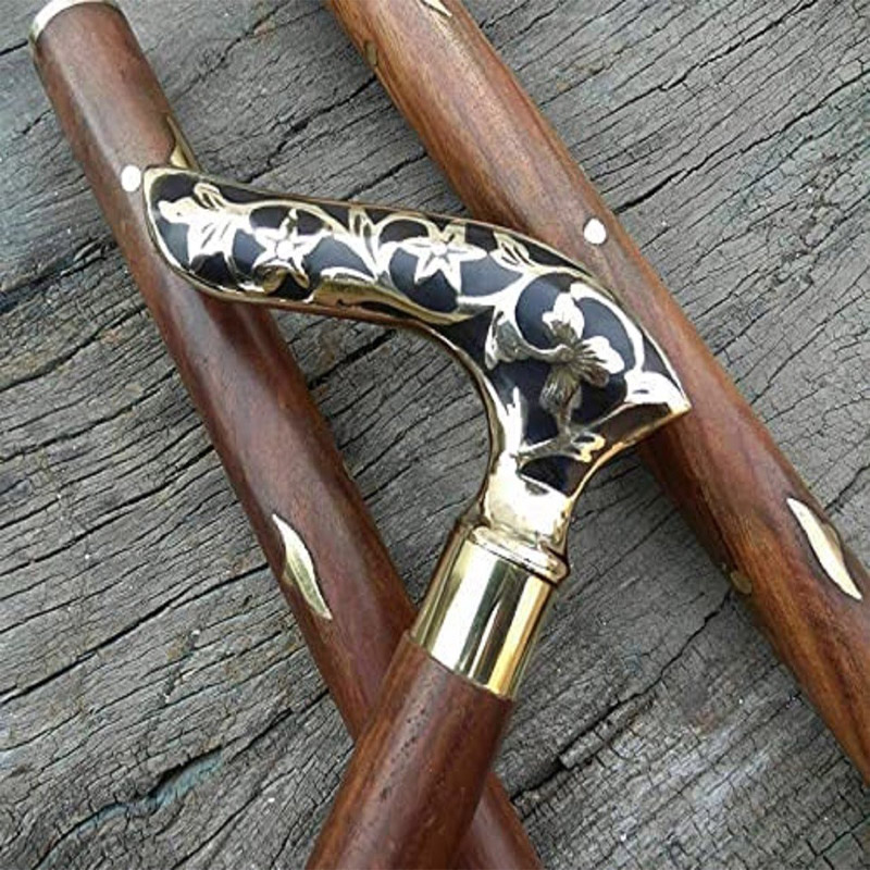 Antique Victorian Brass Handle Brown Wooden Handmade Walking Stick Cane Gift Replica