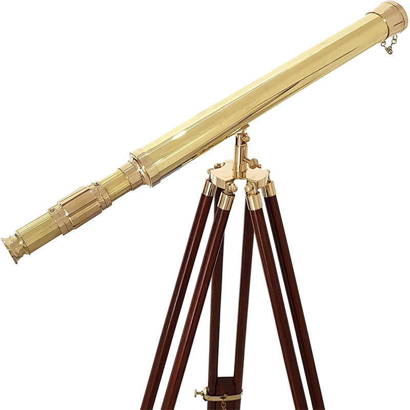 A Shiny Brass Nautical Single Barrel Telescope Wooden Tripod Ideal Home Decor Brass Finish &amp;amp; Brown