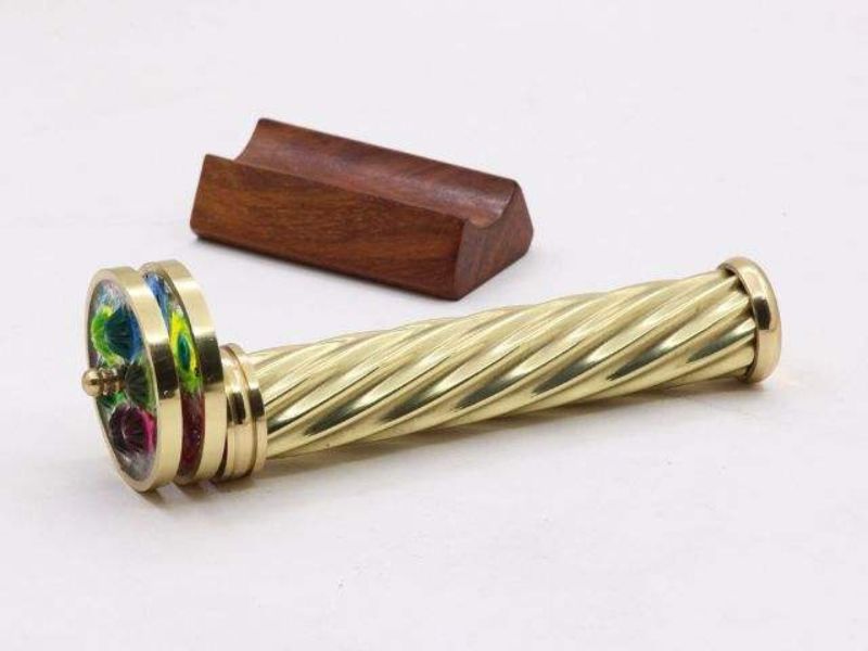 Handmade Brass Spiral Kaleidoscope with Interchangeable Wheels Vintage Optical Art Toy Collectors Display Stand