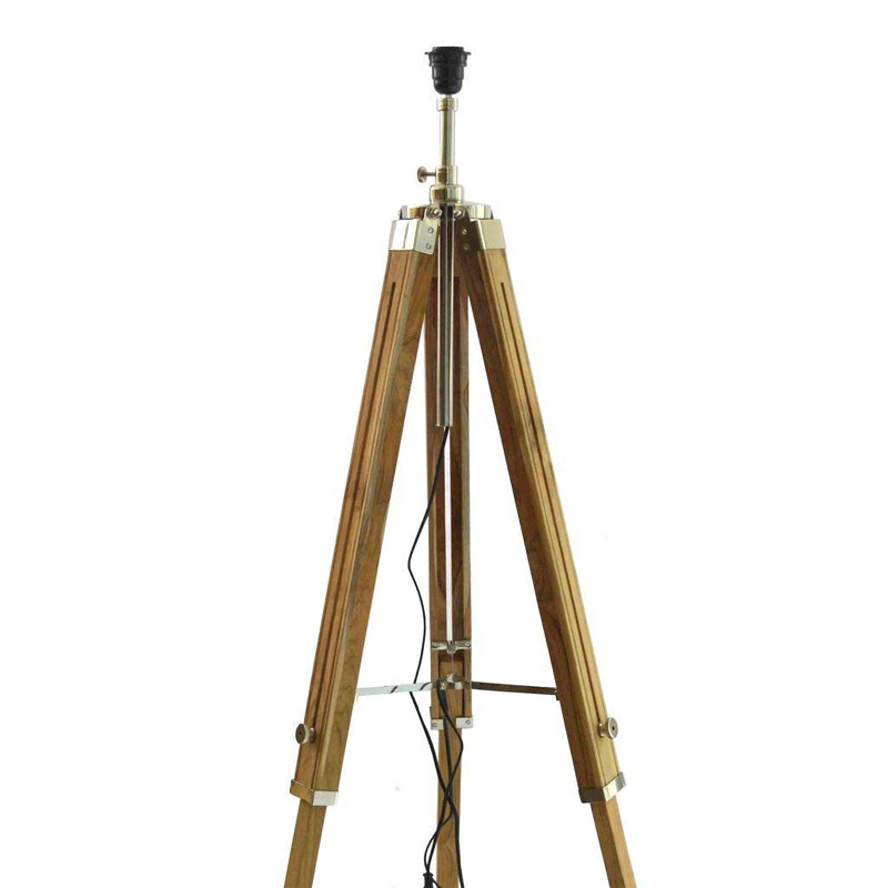 Brass and Wooden Tripod Lamp with Tapered Drum Shade, Brown, Black