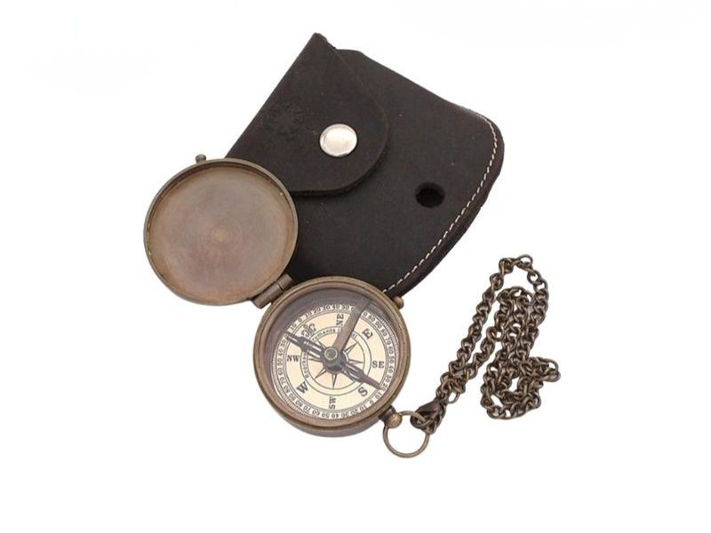 Solid Brass Directional Magnetic Compass with Leather Case – Vintage Pocket Compass for Hiking, Camping, Boating, Travel & Gift Decoration