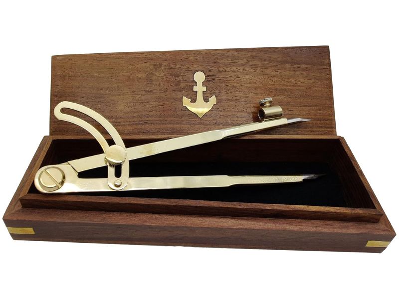 8” Brass Pencil Marking Compass with Wooden Box | Wing Divider Scriber for Wood & Metal | Precision Circle Drawing & Map Plotting Tool | Leather Scratch Compass for Drafting & Geometry Work
