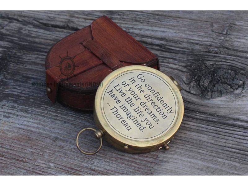 Thoreau Quote Engraved Brass Compass with Leather Case | “Go Confidently in the Direction of Your Dreams” | Graduation Gift for Son, Men, Boyfriend | Inspirational Nautical Gift