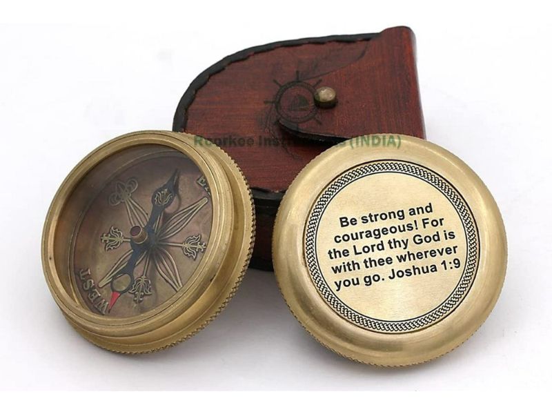 “Be Strong and Courageous” Engraved Brass Compass with Leather Case – Christian Gift of Faith & Guidance (Joshua 1:9)