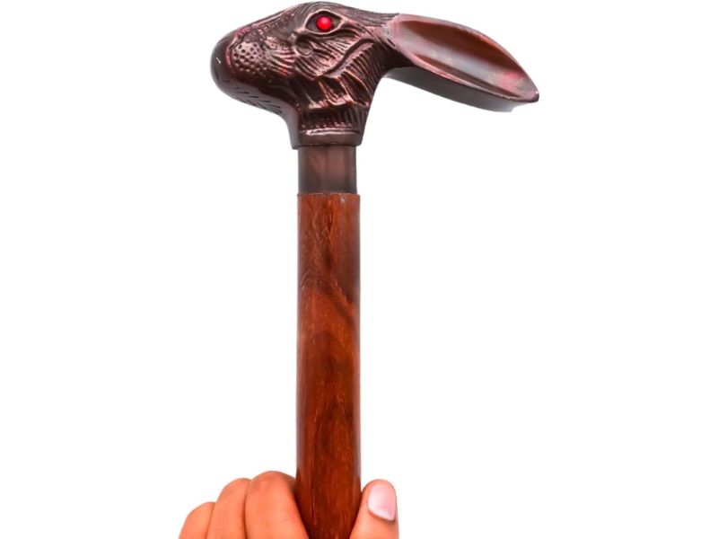 Vintage Rabbit Head Walking Cane with Red Eye Handle | Handcrafted Wooden Stick for Men & Women | Collectible Brass Handle Walking Stick | Victorian Steampunk Gift Cane by FYNJREX