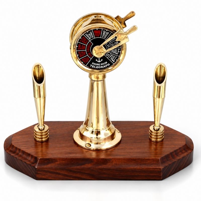 Vintage Brass Engine Telegraph Desk Organizer with Dual Pen Holders on Wooden Base – Nautical Maritime Office Decor