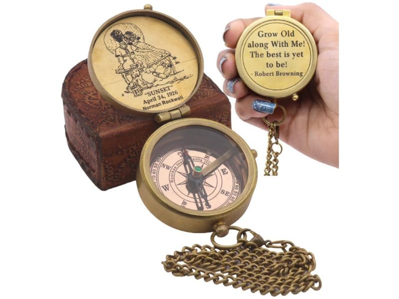 Grow Old Along With Me Brass Compass – Norman Rockwell “Sunset” Design – Romantic Vintage Compass with Chain & Wooden Box – Anniversary, Wedding, or Valentine’s Gift for Husband, Wife, Couples