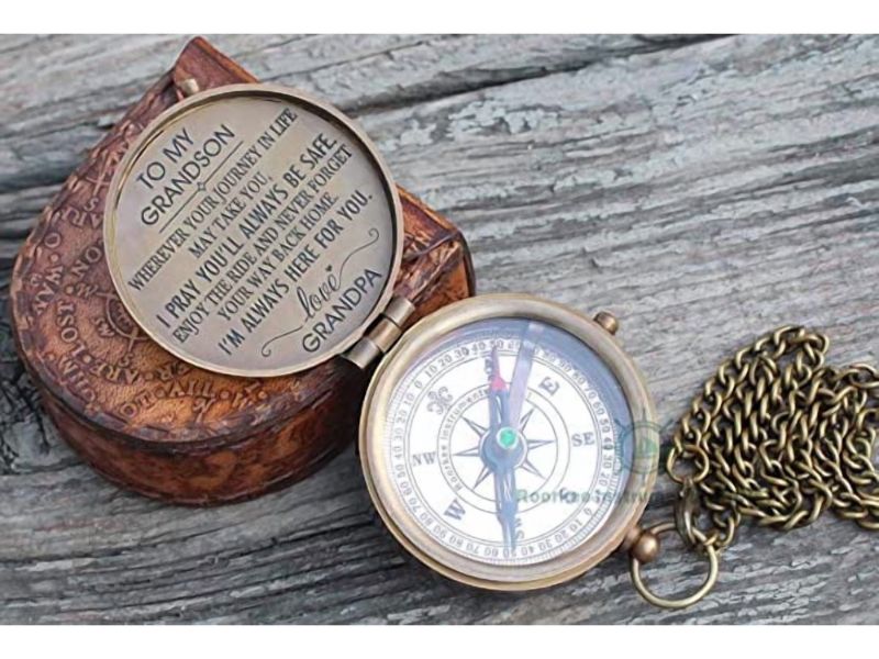 To My Grandson Brass Compass with Leather Case – Engraved Love Grandpa Quote, Handmade Vintage Compass for Grandson, Graduation, Birthday, Christmas, Keepsake Gift from Grandpa