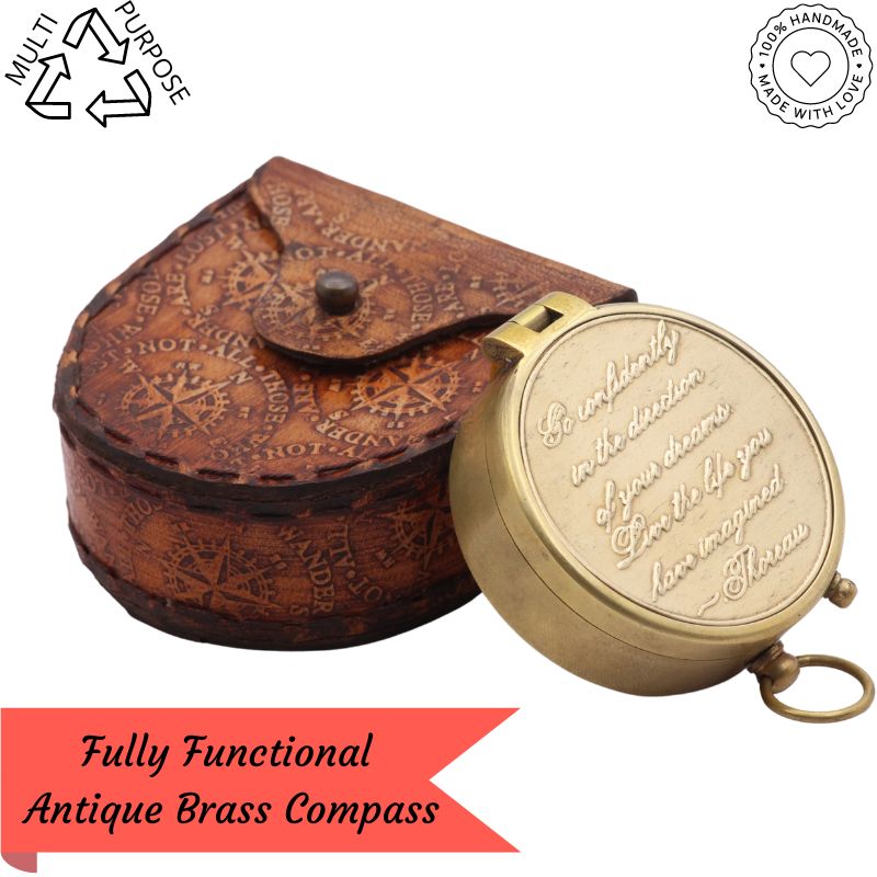 Fully Functional Antique Brass Compass with Famous Quote Embossed packed in beautiful leather case. Baptism Gift, Ideal for loved Ones, Son, Father, Love, Partner, Spouse, Fiance. 