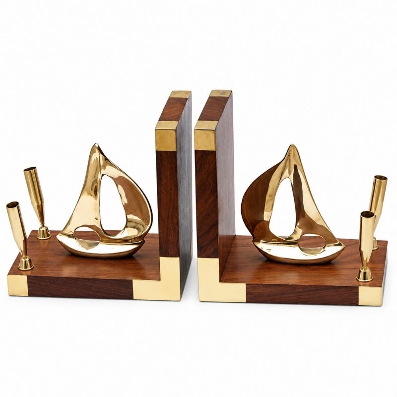 Handmade Wooden Brass Sailing Ship Bookends Set with Pen Holders | Nautical Maritime Office Desk & Library Decor