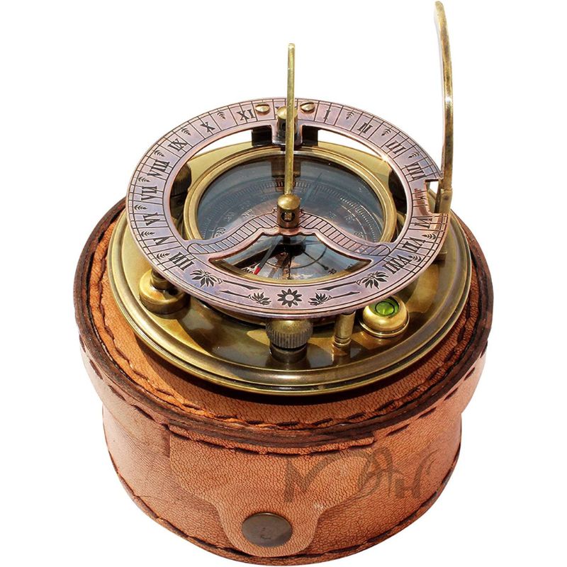 Solid Brass Sundial Compass with Box Vintage Gift, Sundial Clock, Sun dial in Box Gift Sun Clock Ship Replica, Birthday Gift, Magnetic Sundial Clock with Leather Box.