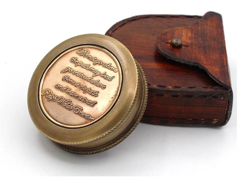 Ralph Waldo Emerson Quote Compass – “Do Not Go Where The Path May Lead” Engraved Brass Compass with Wooden Leather Case, Inspirational Graduation Gift, Adventure Keepsake for Men, Women, Son, Daughter