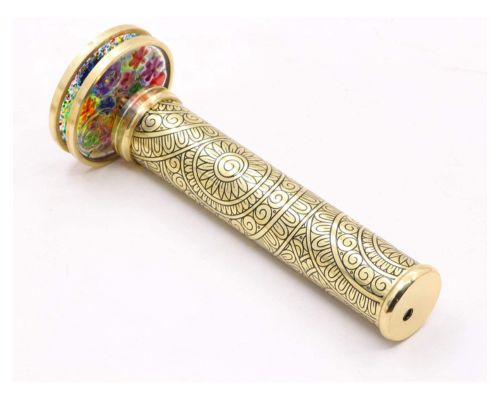 Handmade Brass Kaleidoscope with Interchangeable Wheels and Wooden Display Stand DIY Optical Art Collectible Gift for Adults