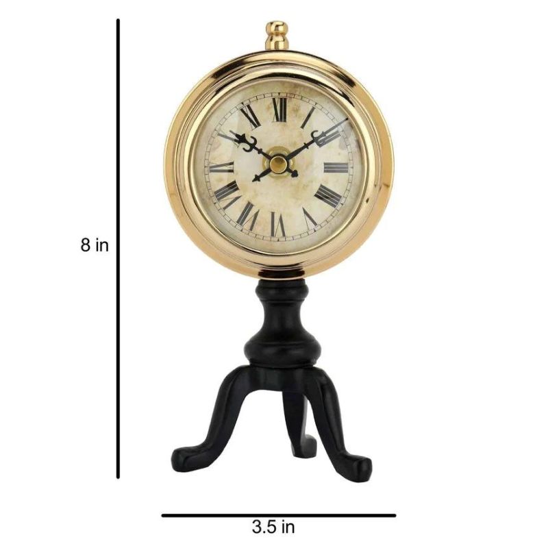 Handmade Shiny Brass Anchor Needle Table Clock with Black stand