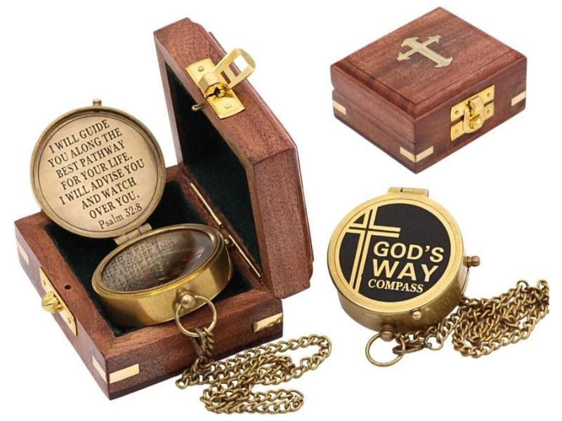 God’s Way Compass – Solid Brass Engraved Compass with Psalm 32:8 Scripture | Christian Gift for Boys & Girls | Baptism, First Communion, Confirmation, Catholic Gift for Men | Faith Keepsake Compass