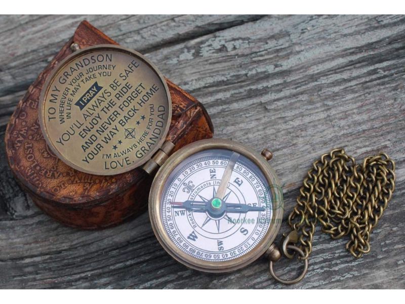 To My Grandson Compass, I Pray You’ll Always Be Safe, Never Forget Your Way Back Home, Vintage Brass Engraved Compass with Leather Case, Inspirational Gift from Granddad”