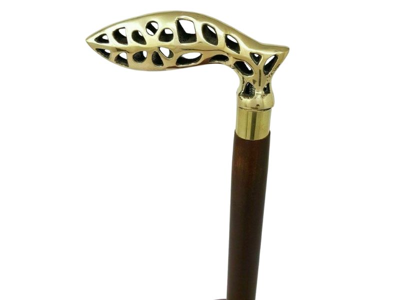 Vintage Brass Leaf Design Handle Wooden Walking Cane – Elegant Decorative Walking Stick for Men & Women – Handmade Brass Handle with Polished Hardwood Shaft – 37 Inch Collectible Gift Cane