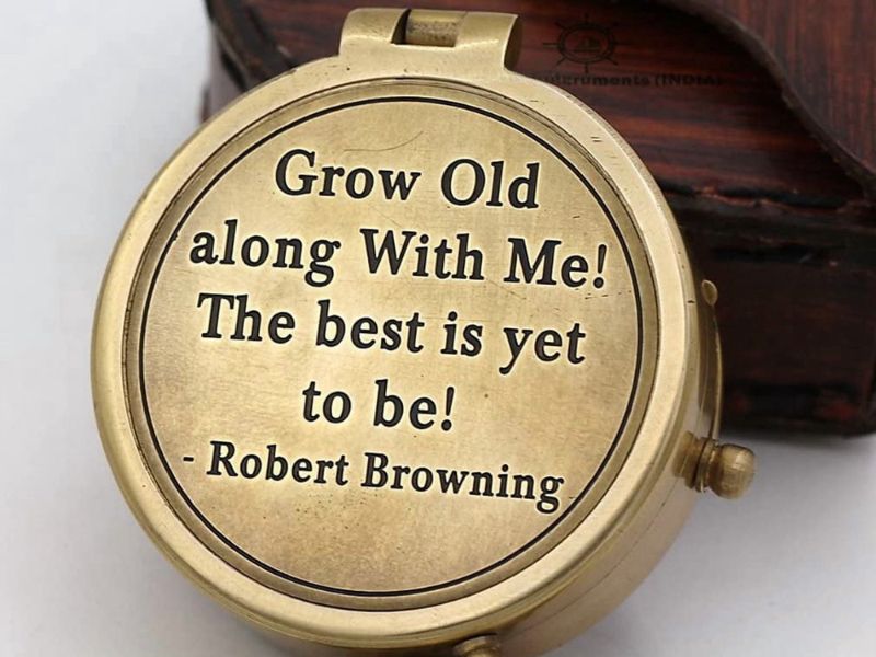 Grow Old Along With Me Compass, Robert Browning Quote Engraved Brass Compass with Leather Case, Anniversary Gift for Husband Wife, Romantic Vintage Nautical Compass, Wedding Gift Keepsake