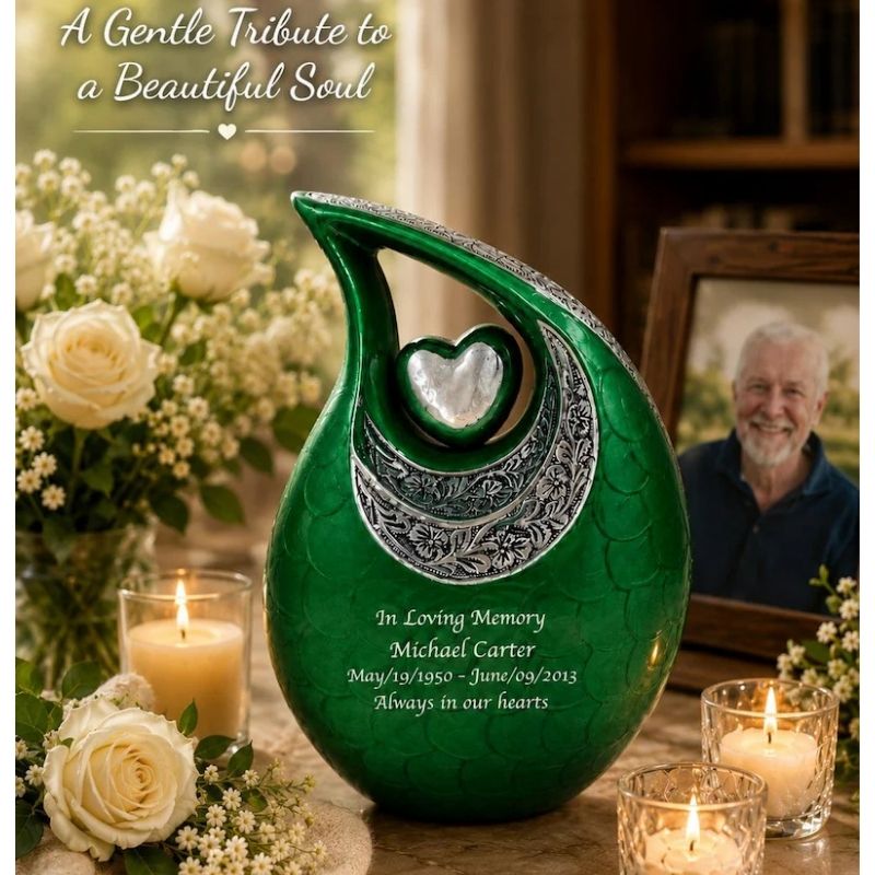 Green Teardrop Cremation Urn with Photo, Engraved Memorial Ashes Urn
