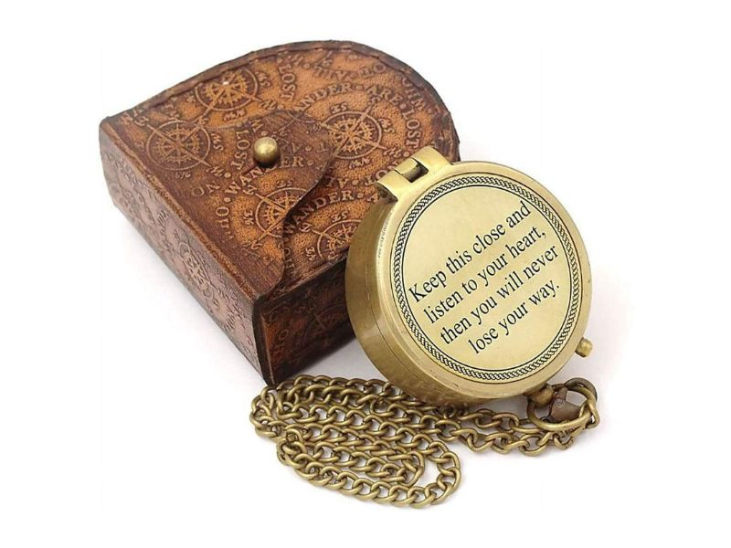 Handmade Brass Compass & Engraved Quote “Keep This Close and Listen to Your Heart” – Vintage Nautical Pocket Compass with Leather Case – Inspirational Gift for Son, Husband, Dad, Traveler