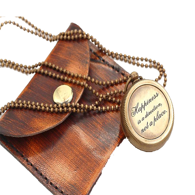 HAPPINESS, Quote Antique Nautical Vintage Directional Magnetic Compass Necklace With Leather Case