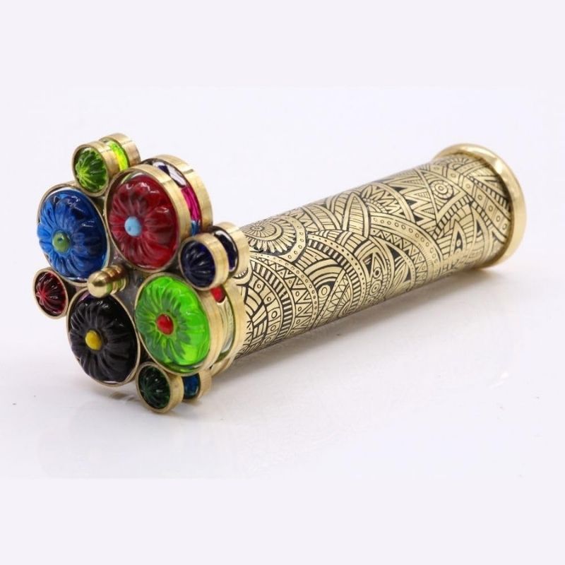Handmade Tribal Brass Kaleidoscope with Etched Design, 2 Resin Bead Wheels, Lacquer Finish, Wood Stand & Gift Box – A Unique Collectible Gift for Adults (Two Mirror System)
