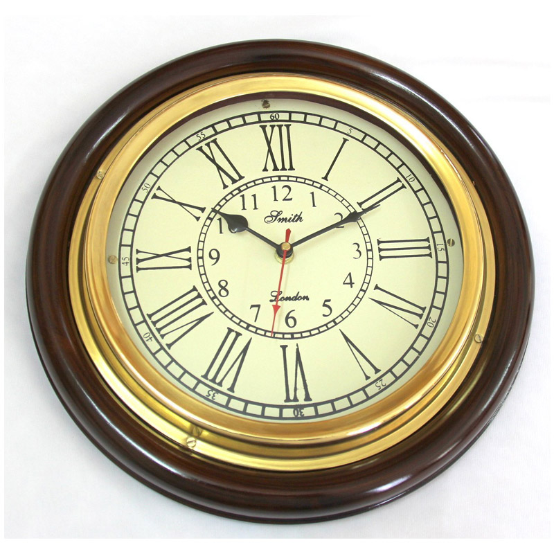 Antique Look Silent Wall Clock, 12 Inch Brass & Wood