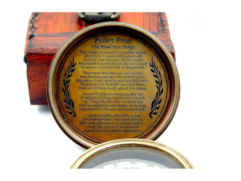 Brass Handmade Fully Functional Compass with Leather Case | Robert Frost “The Road Not Taken” Poem Engraved | Vintage Nautical Pocket Compass Gift for Son, Husband, Traveler, or Collector