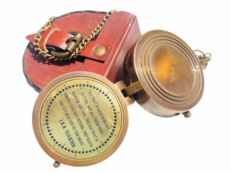 Antique Brass Compass with Wooden Box – “Not All Those Who Wander Are Lost” Engraved by J.R.R. Tolkien | Vintage Nautical Pocket Compass with Chain | Inspirational Gift for Men, Women, Travelers