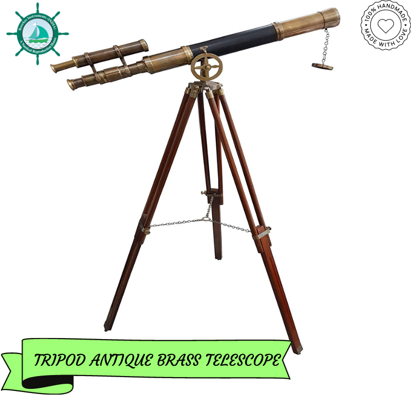 Maritime Brass Antique Double Barrel Designer Telescope with Wooden Tripod Floor Standing Telescopic tripods