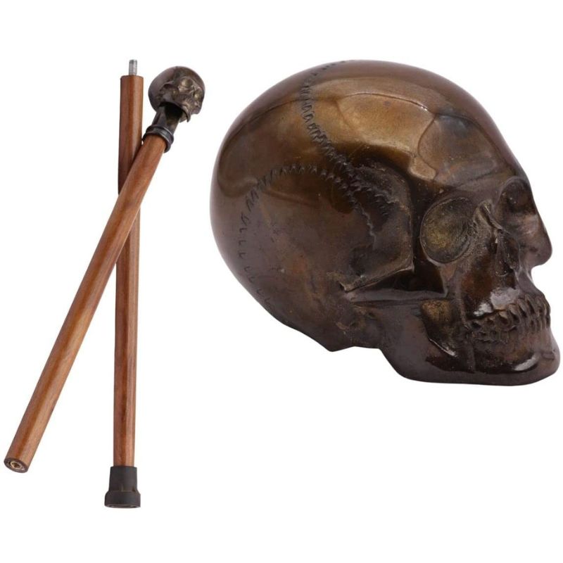 Handmade Brass Bronze Finish Skull Head Handle Decorative Wooden Walking Cane 