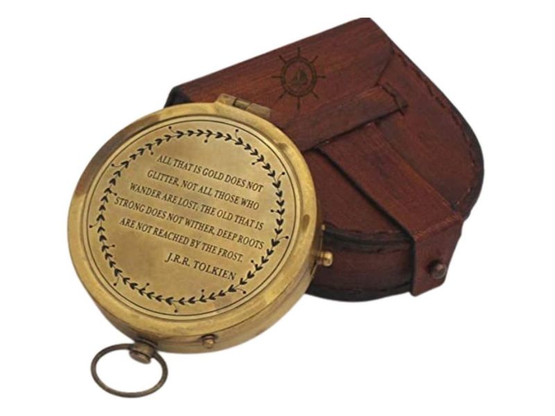 Vintage Brass Compass Engraved with J.R.R. Tolkien Quote | “Not All Those Who Wander Are Lost” | Handmade Nautical Compass with Leather Case | Inspirational Gift for Men, Him, Traveler, Son