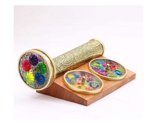 Handmade Brass Kaleidoscope with Interchangeable Wheels and Wooden Display Stand DIY Optical Art Collectible Gift for Adults
